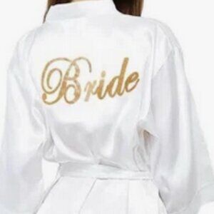 White Satin Bride Robe with Gold Lettering NWOT